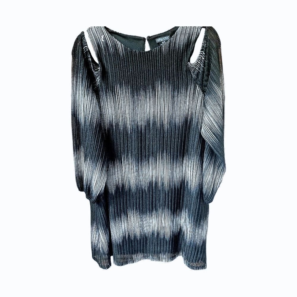 CITY CHICβ Black & Silver Ombre Mesh Knit Long Sleeve Cold Shoulder Shift Dress - Picture 2 of 15